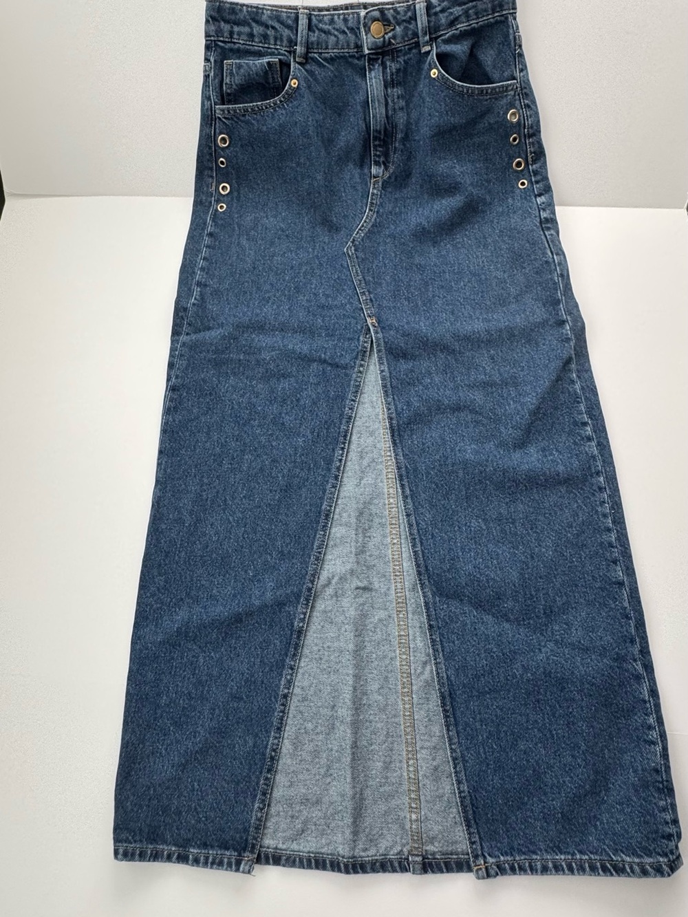 Zara Women's Dark Wash Denim Maxi Skirt with Front Split Size Small